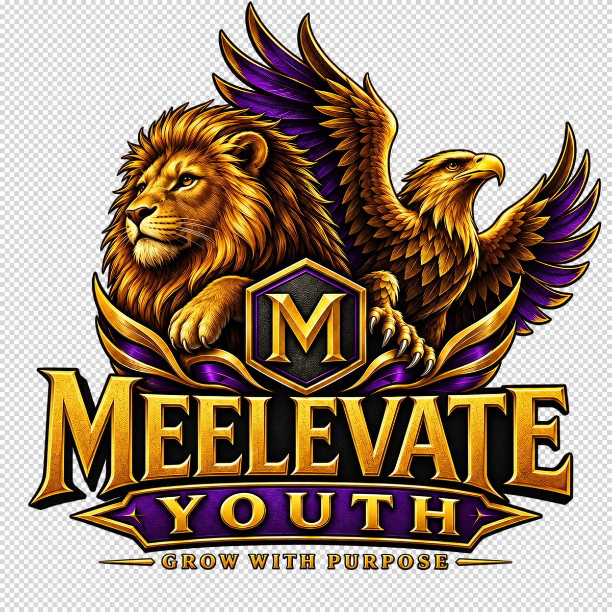 Meelevate Youth lion and eagle crest with Grow With Purpose slogan