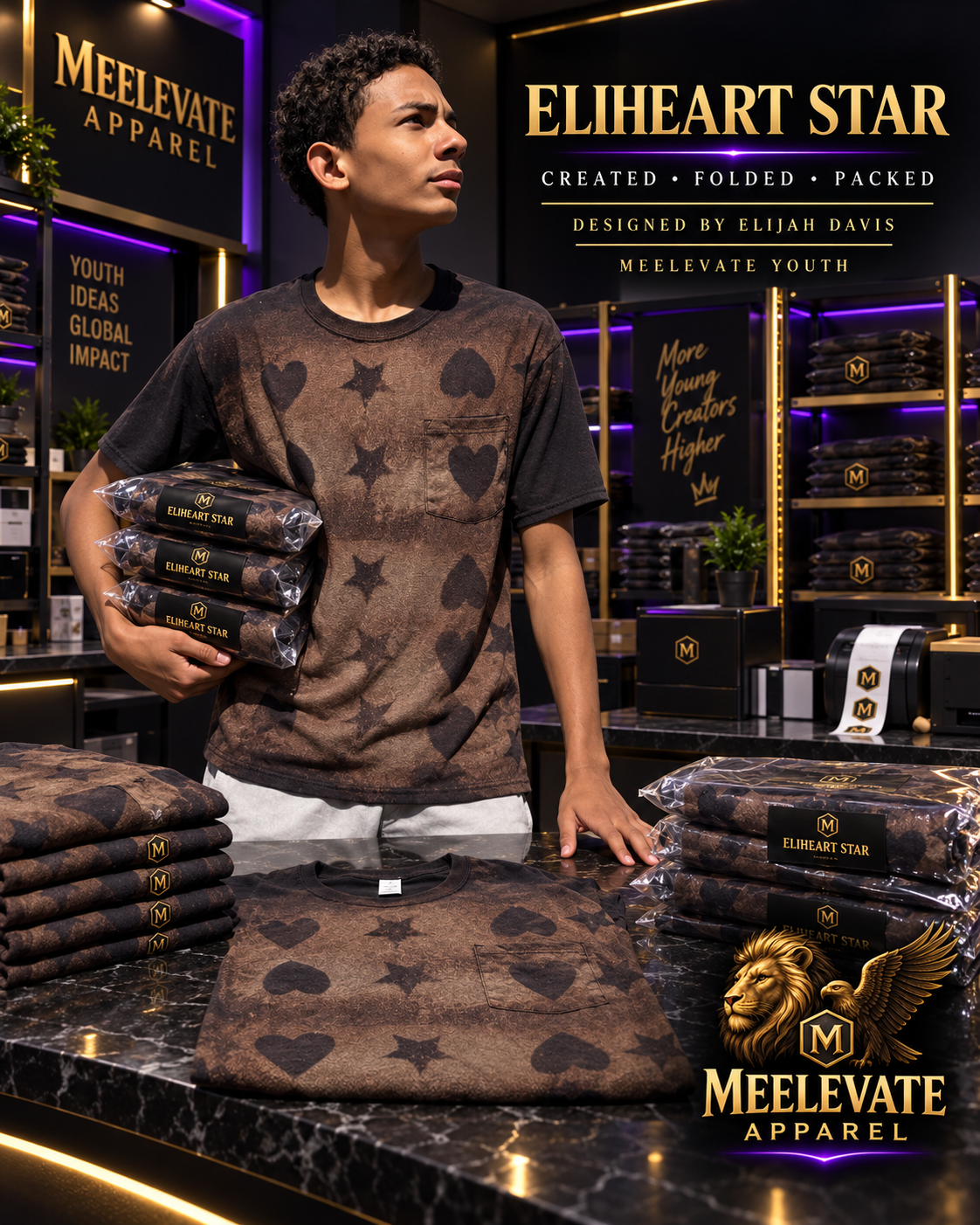 Elijah Davis presenting folded EliHeart Star shirts for Meelevate Apparel