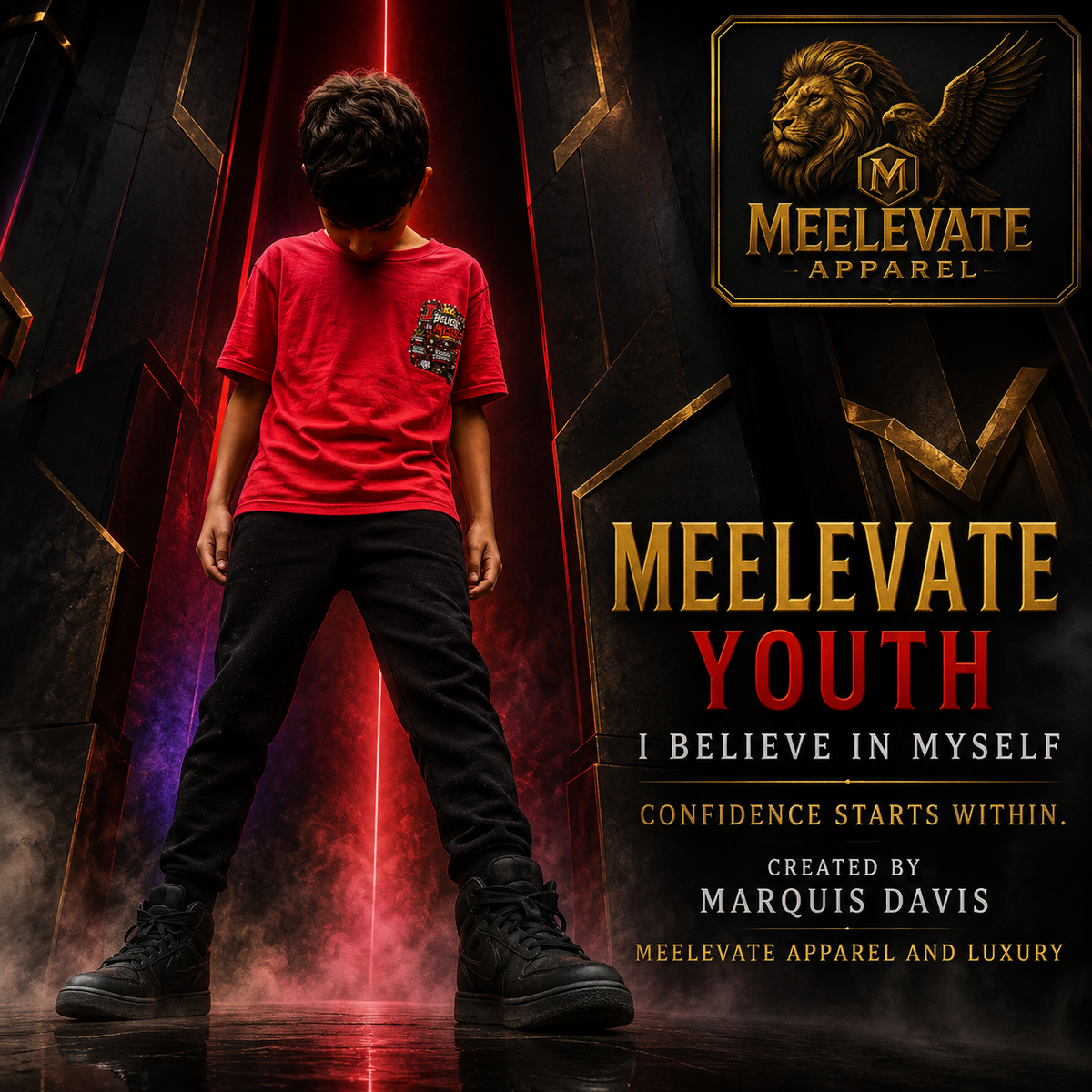 Marquis Davis presenting the I Believe in Myself Meelevate Youth shirt